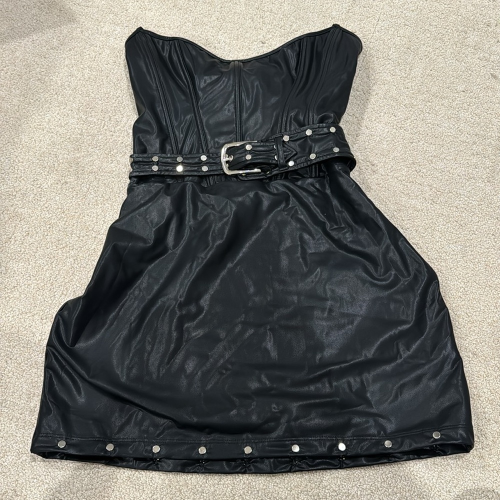 Black faux leather strapless mini dress with back lace up design & front belt